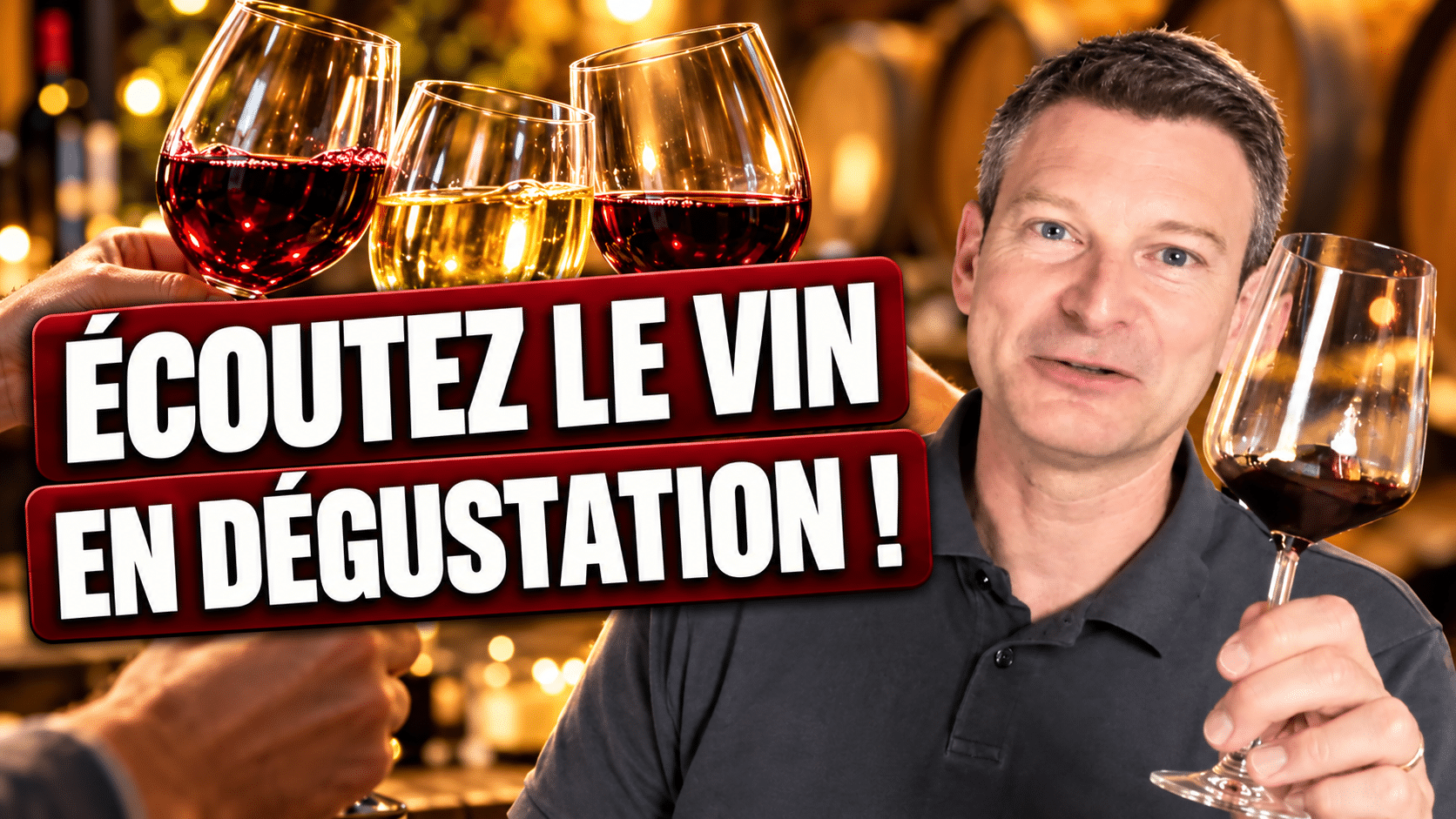Yann Rousselin trinque avec trois verres de vin, illustration de la phase auditive de la dégustation
