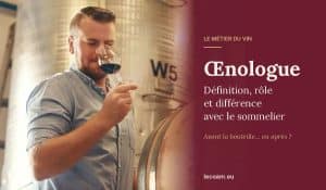 Œnologue définition : un œnologue déguste un vin rouge au chai, entre cuves inox et fût de chêne